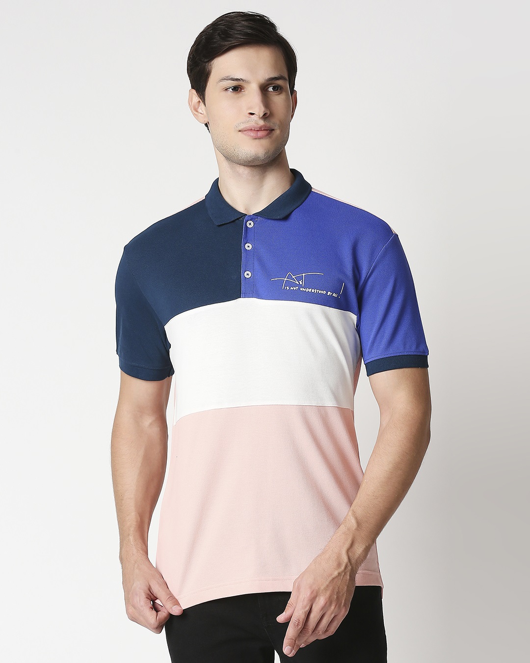 Shop Men's Seashell Pink & Blue Art is Art Color Block Polo T-shirt-Back