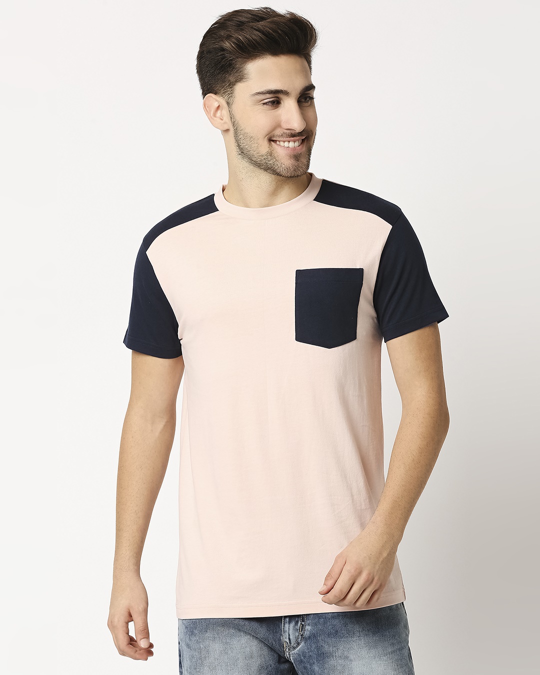 Shop Seashell Pink Color Block Pocket T-Shirt-Back