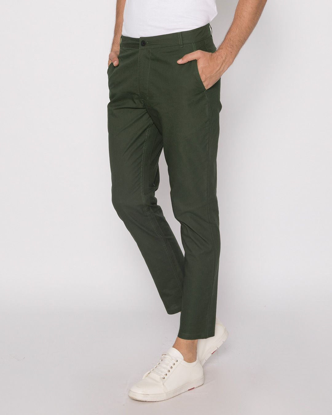 Shop Seaweed Green Lightweight Slim Oxford Pants-Back