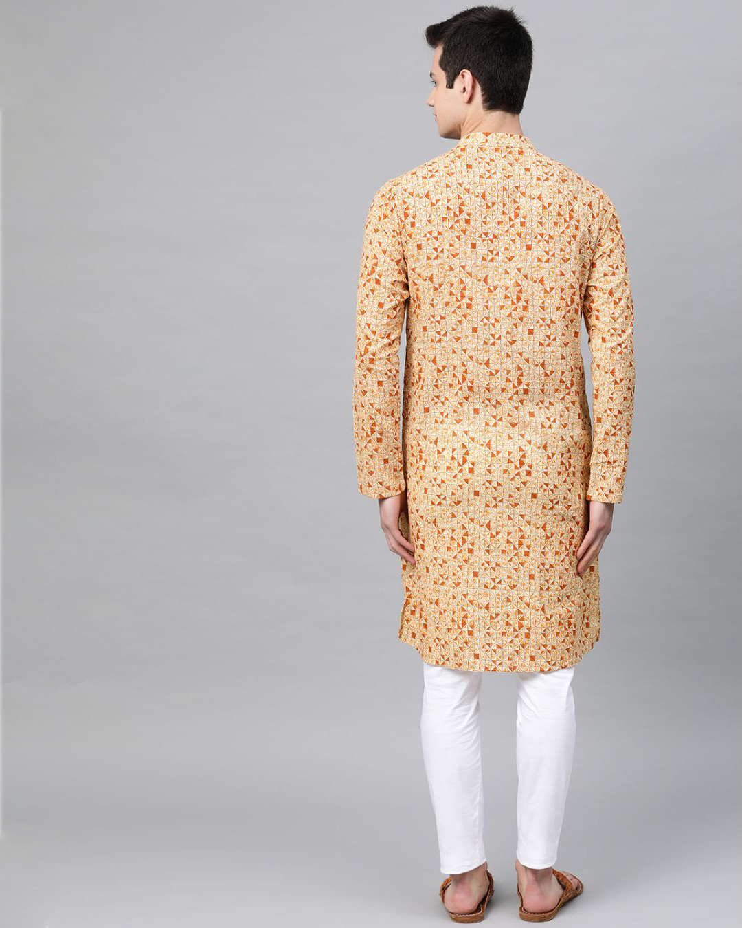 Shop Cream & Brown Printed Straight Kurta-Back