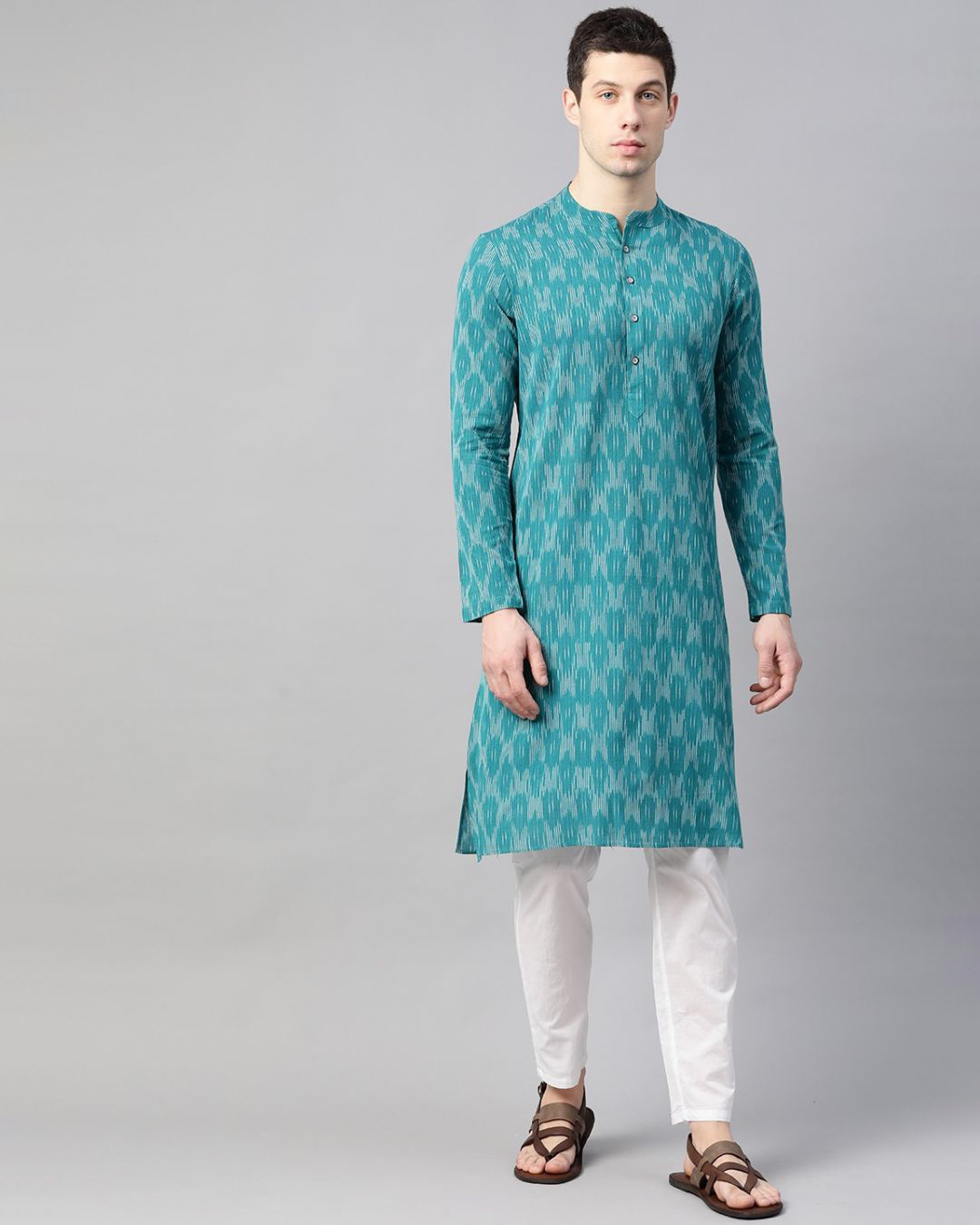 Buy See Designs Men Green & Grey Ikat Woven Design Straight Kurta for ...