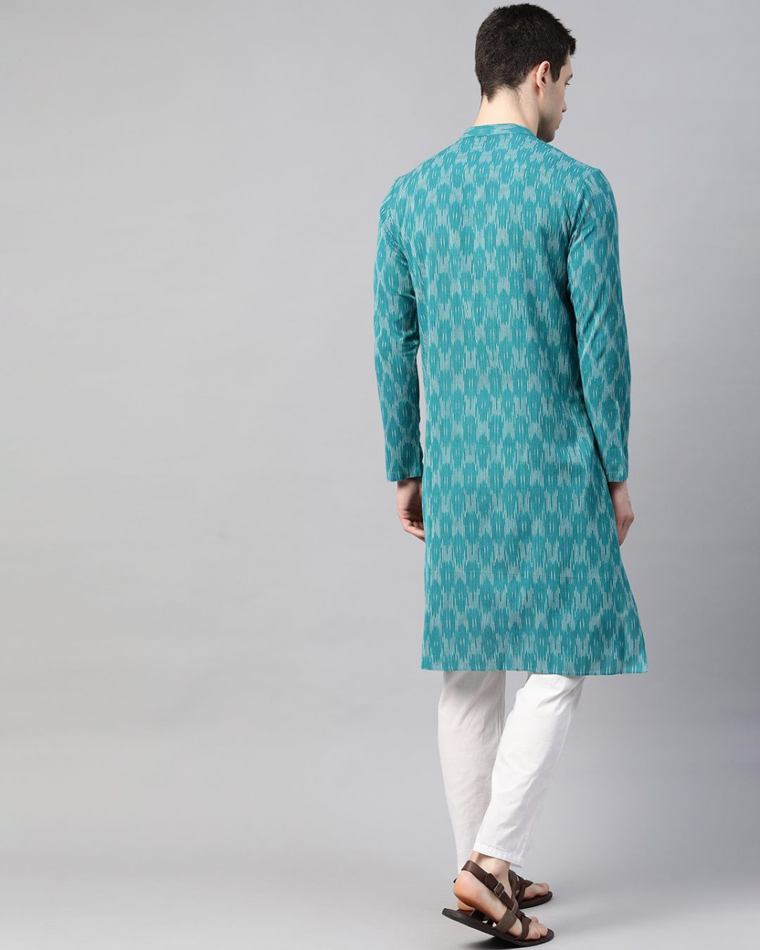 Shop Men Green & Grey Ikat Woven Design Straight Kurta-Back