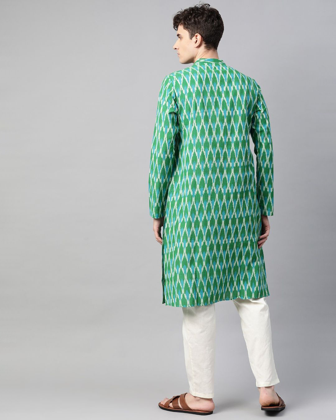 Shop Men Green & Grey Ikat Woven Design Straight Kurta-Back