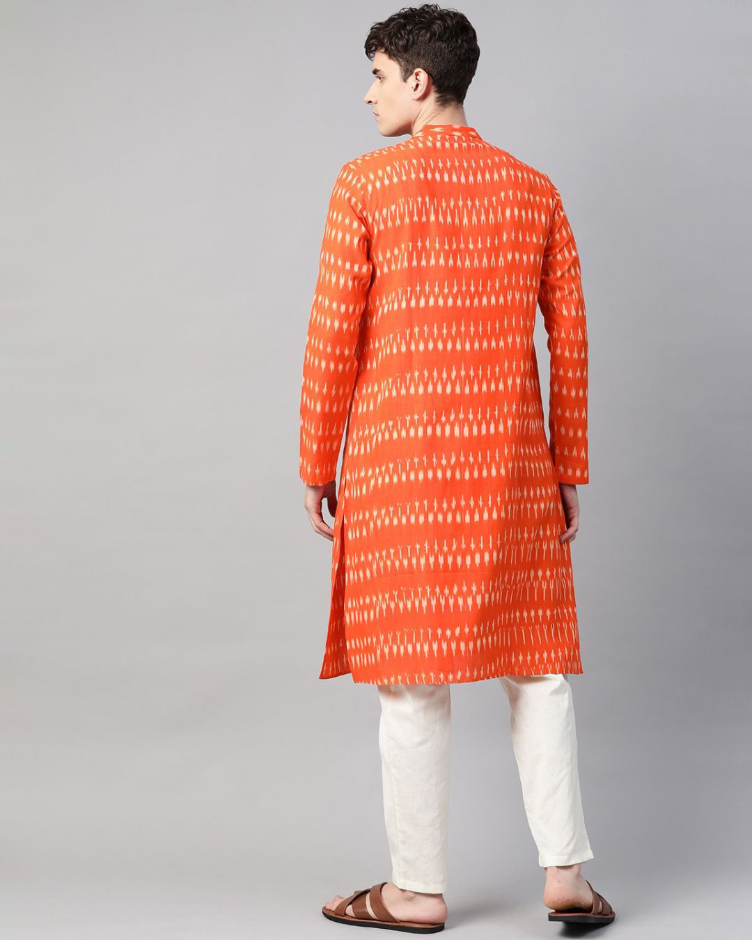Shop Men Orange & Off White Ikat Woven Design Straight Kurta-Back
