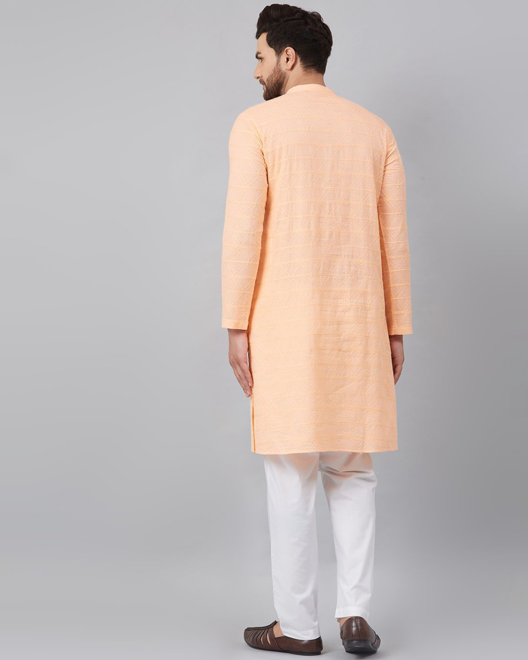 Shop Men Peach Chikankari Embroidered Woven Design Straight Kurta-Back