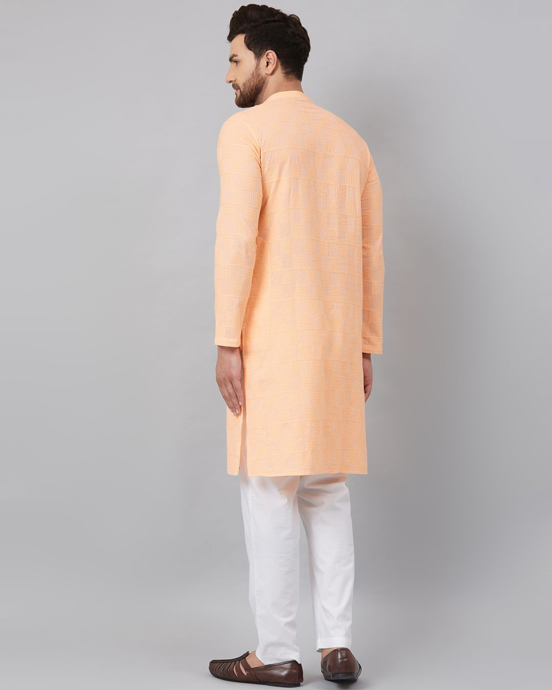 Shop Men Peach Chikankari Embroidered Woven Design Straight Kurta-Back