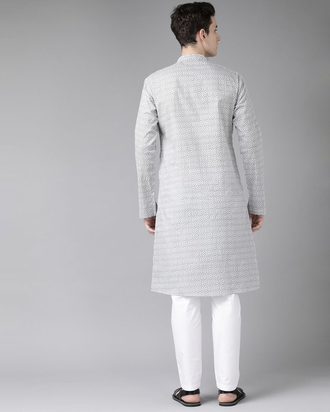 Shop Men White & Grey Printed Straight Kurta-Back