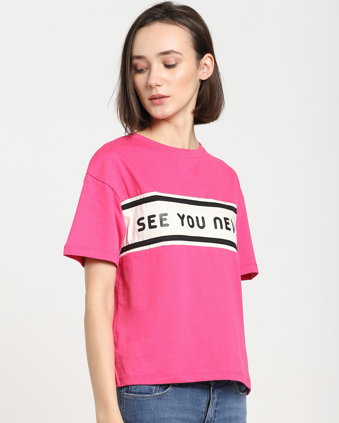 Shop Women's Pink See You Neve Peppy Typography Short Top-Back