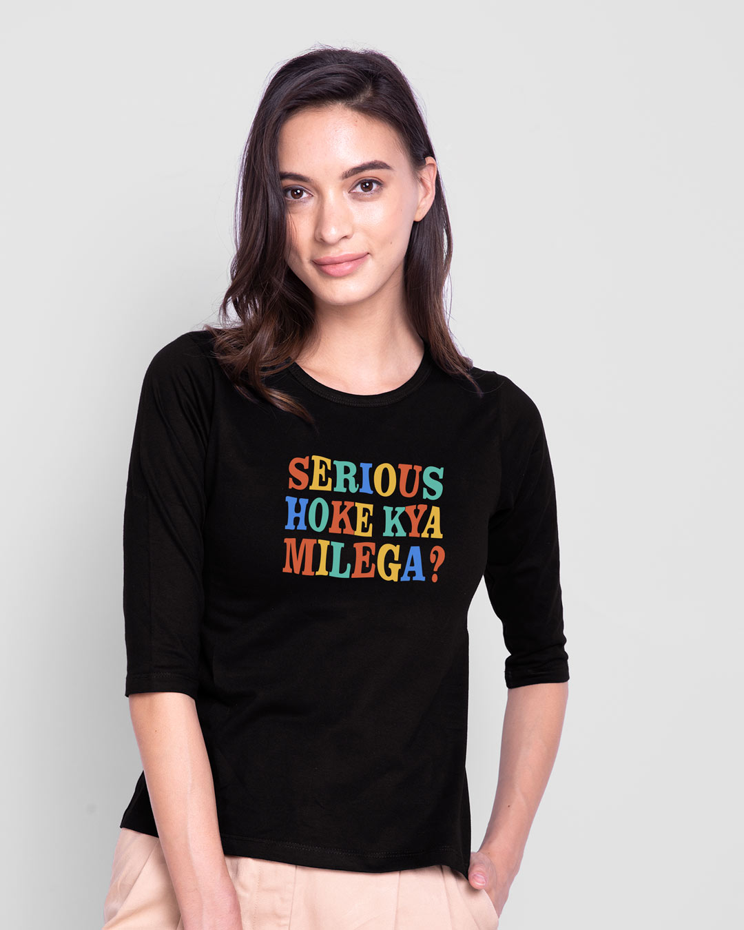 Shop Serious Hoke Kya Milega Round Neck 3/4 Sleeve T-Shirt Black-Back