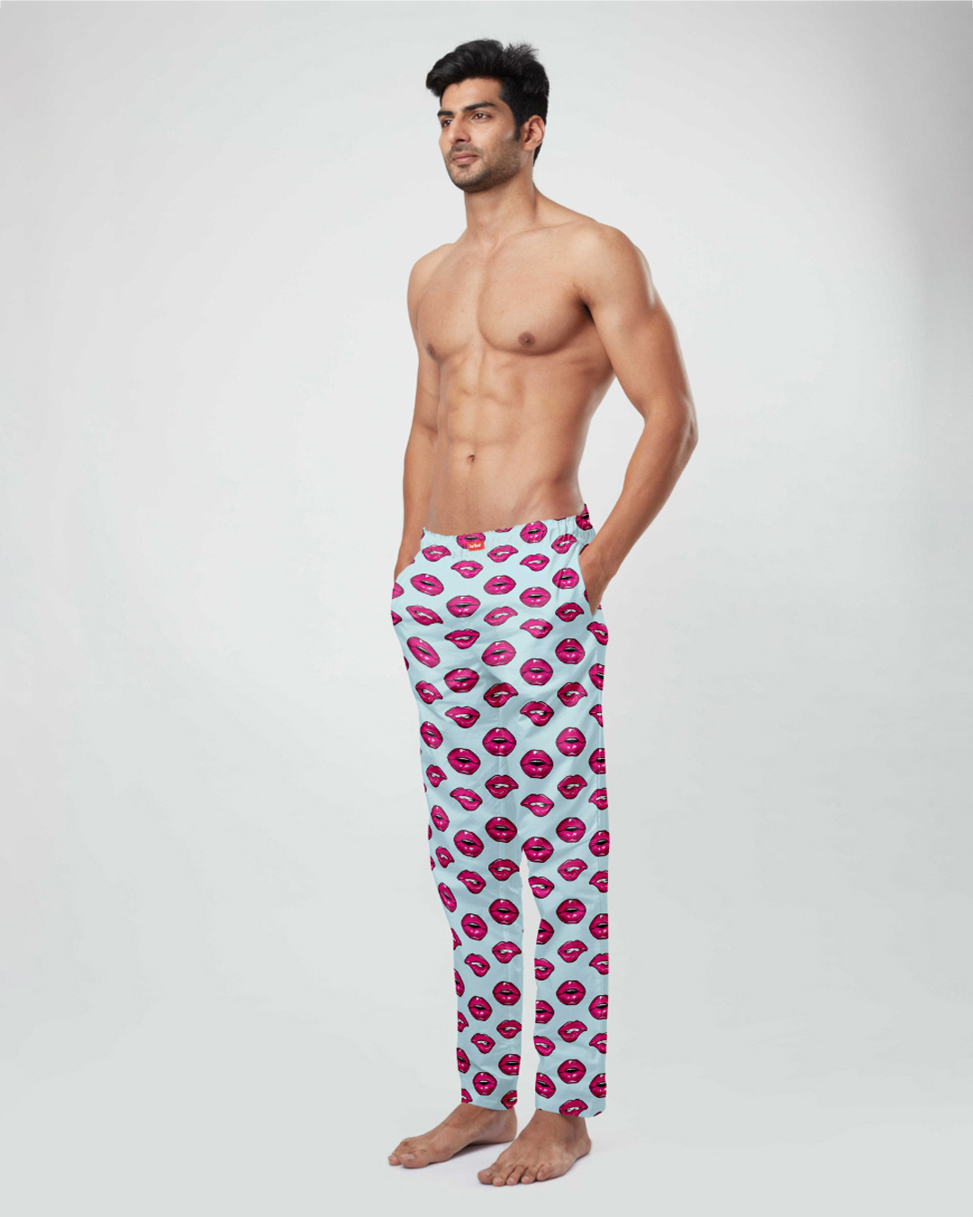 Shop Men's Sky Blue Cotton Valentine Lips Pyjamas-Back