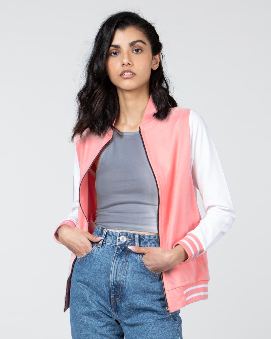 Shop Women's Pink & White Color Block Bomber Jacket-Back