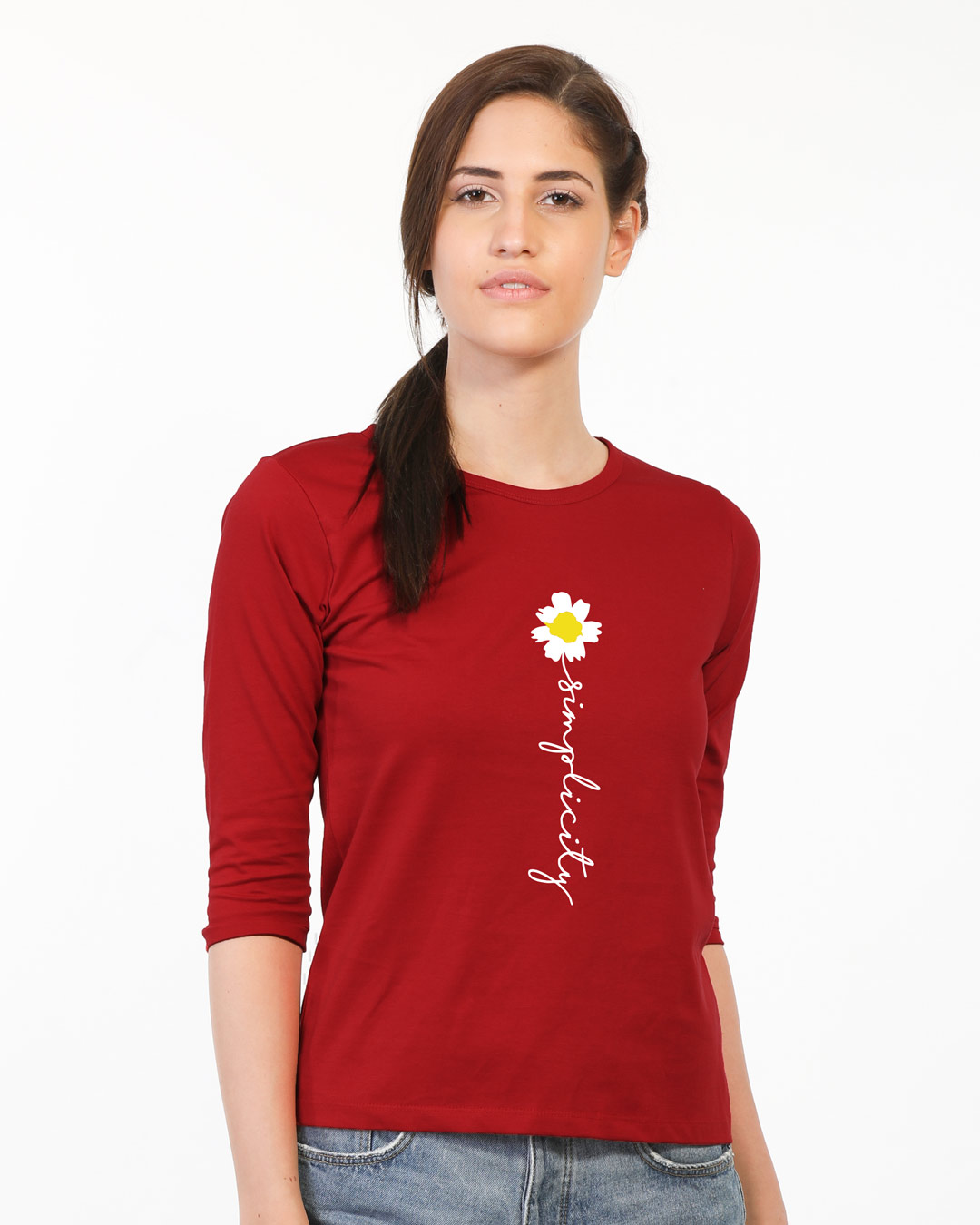 Shop Simplicity Daisy Round Neck 3/4 Sleeve T-Shirt Bold Red-Back