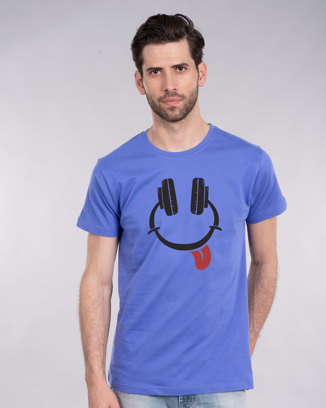 Shop Smiley Headphone Face Half Sleeve T-Shirt-Back
