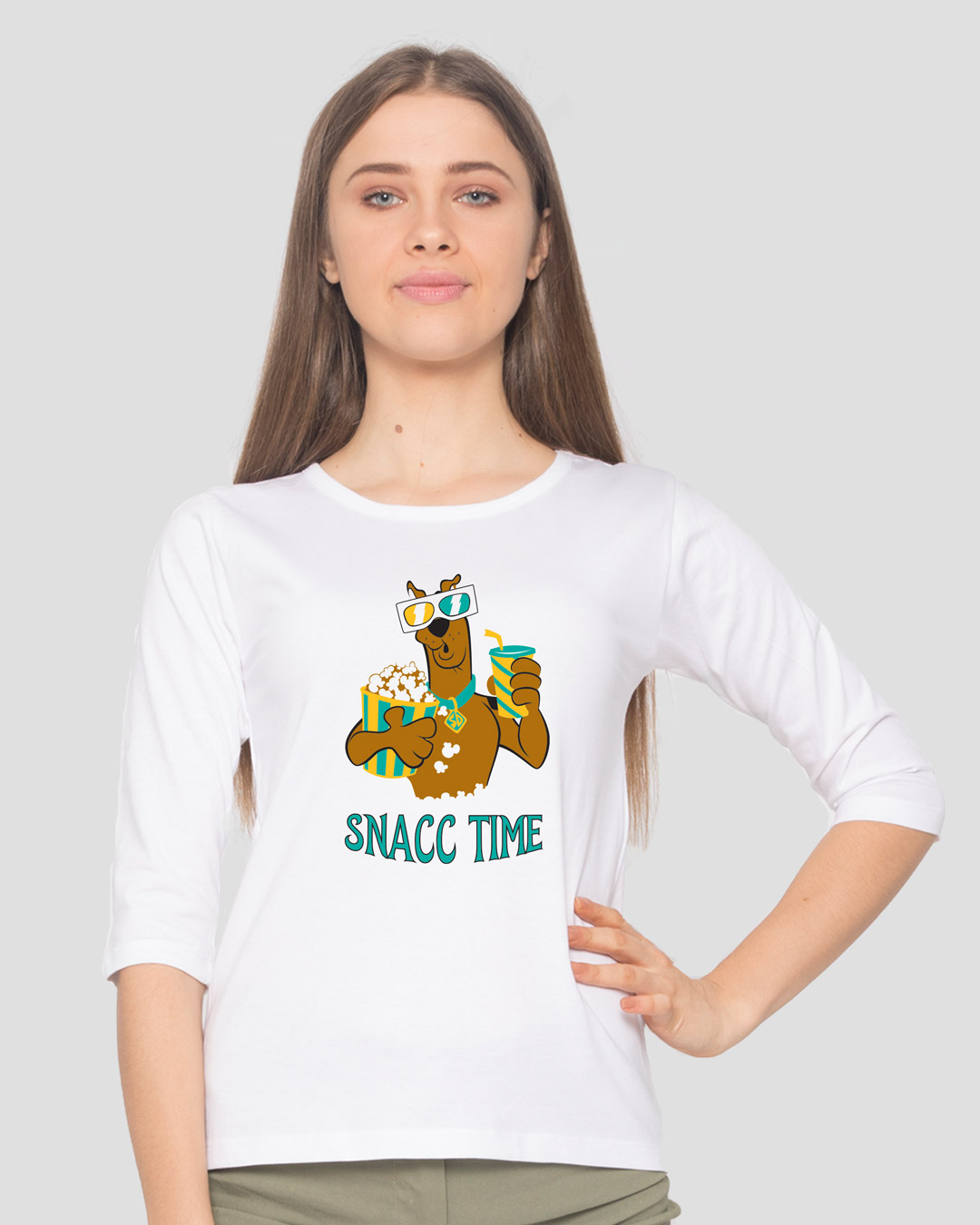 Shop Snacc Time Round Neck 3/4 Sleeve T-Shirt White-Back
