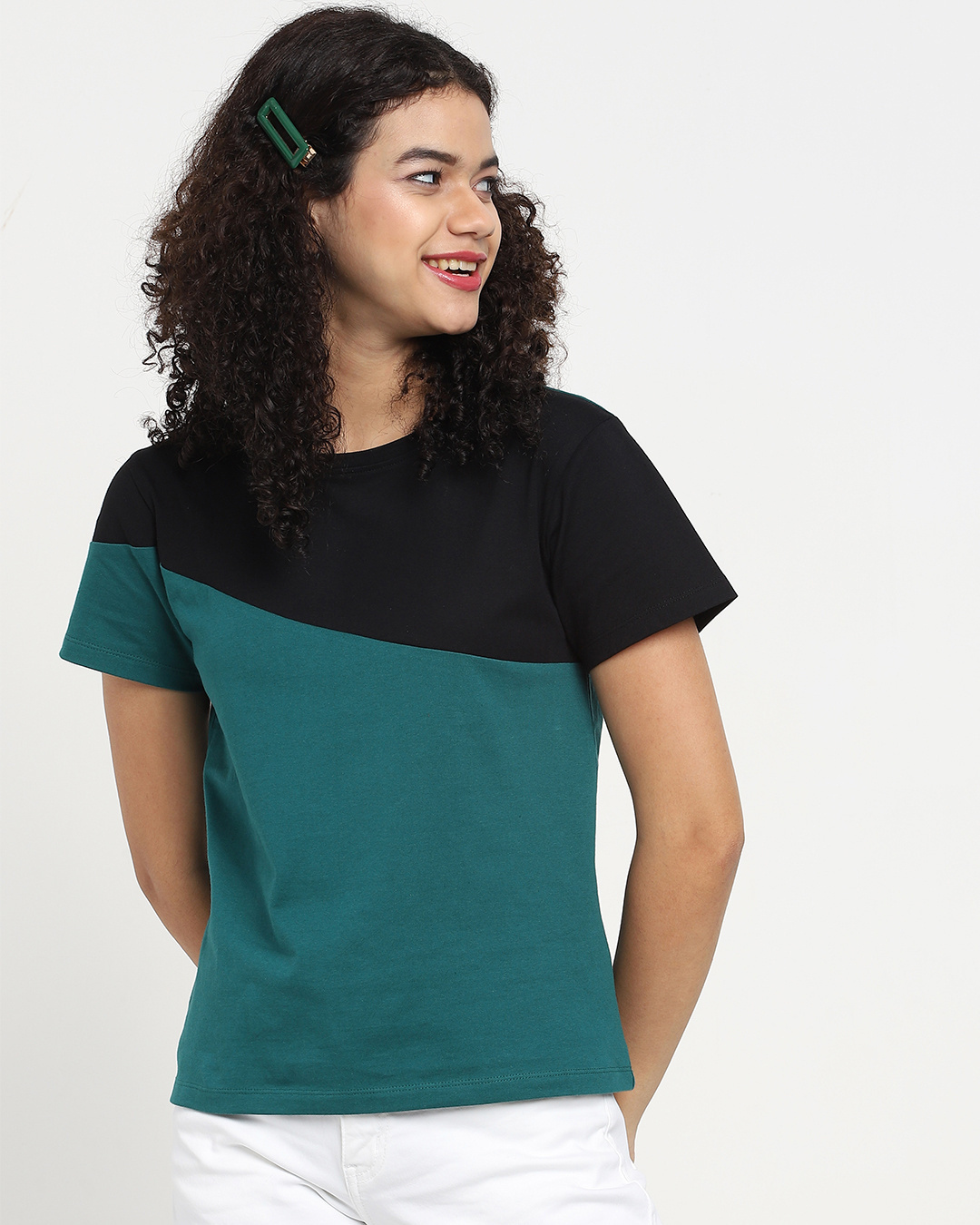 Shop Snazzy Green Color Block T-shirt For Women's-Back