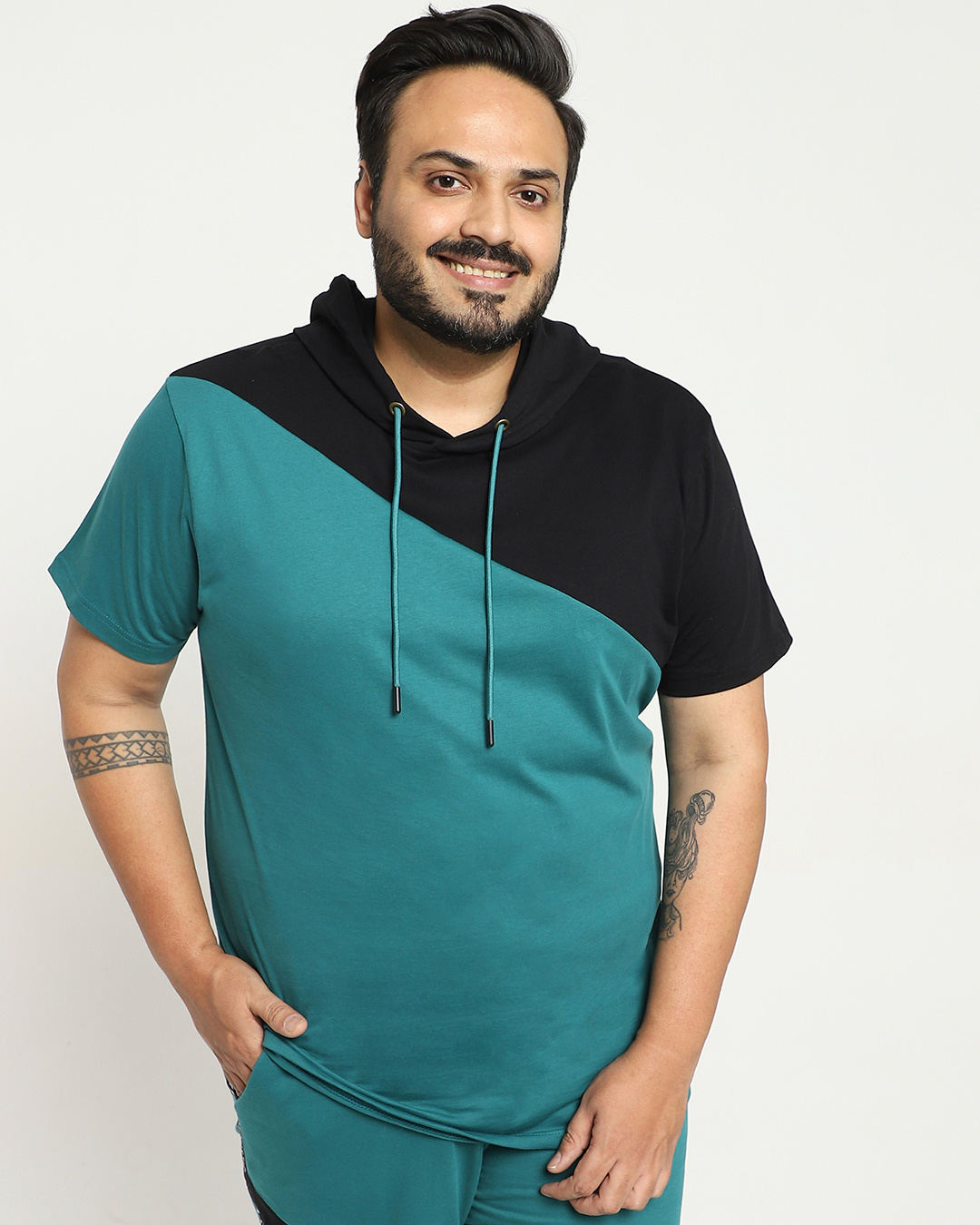 Shop Snazzy Green Plus Size Color Bock Hoodie T-Shirt-Back