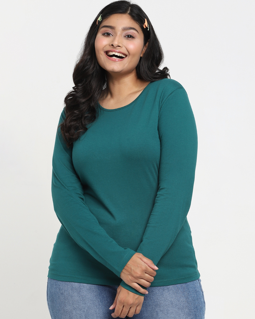 Shop Snazzy Green Plus Size Full Sleeve T-shirt For Women's-Back