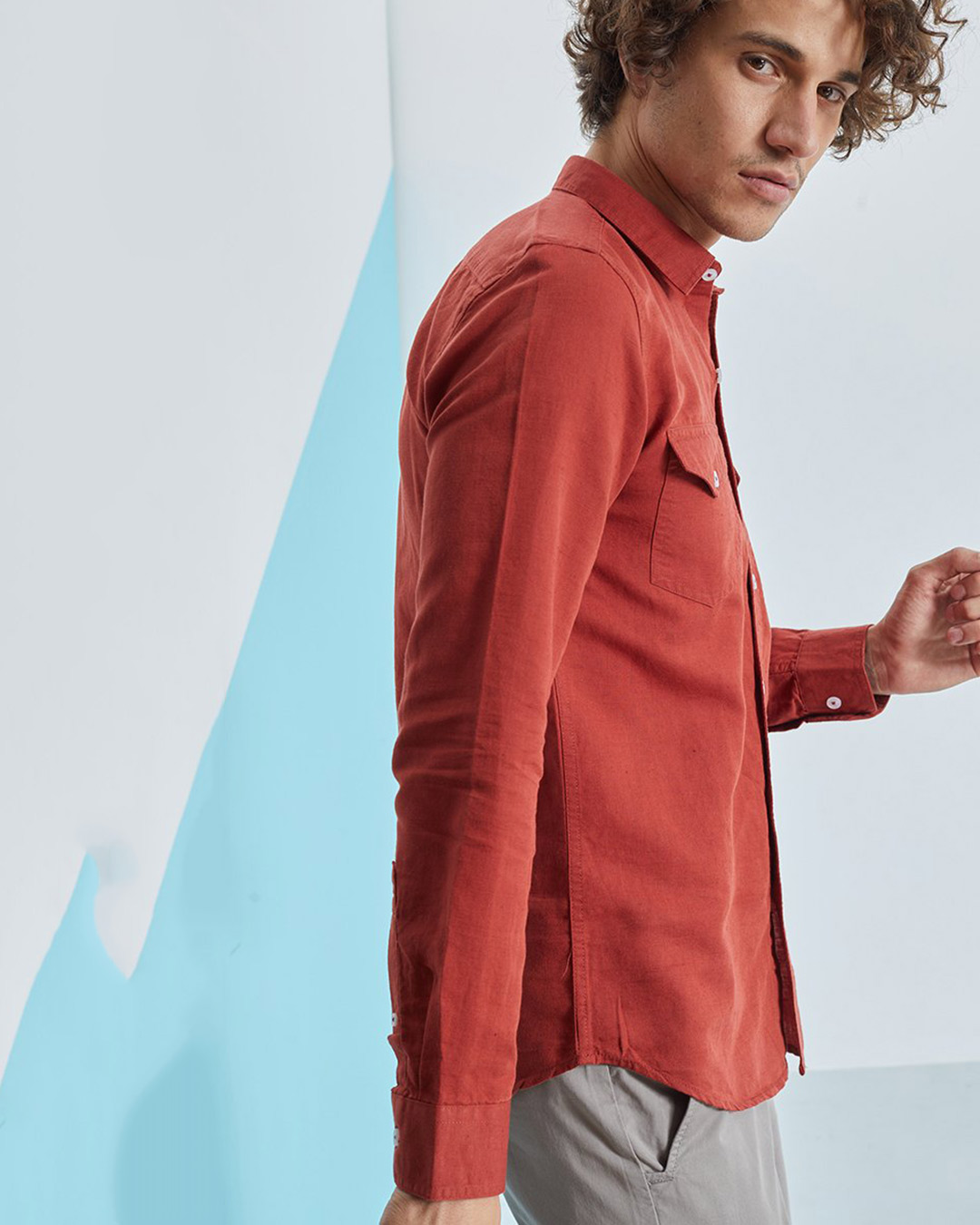 Shop Brick Red Double Pocket Cotlin Shirt-Back