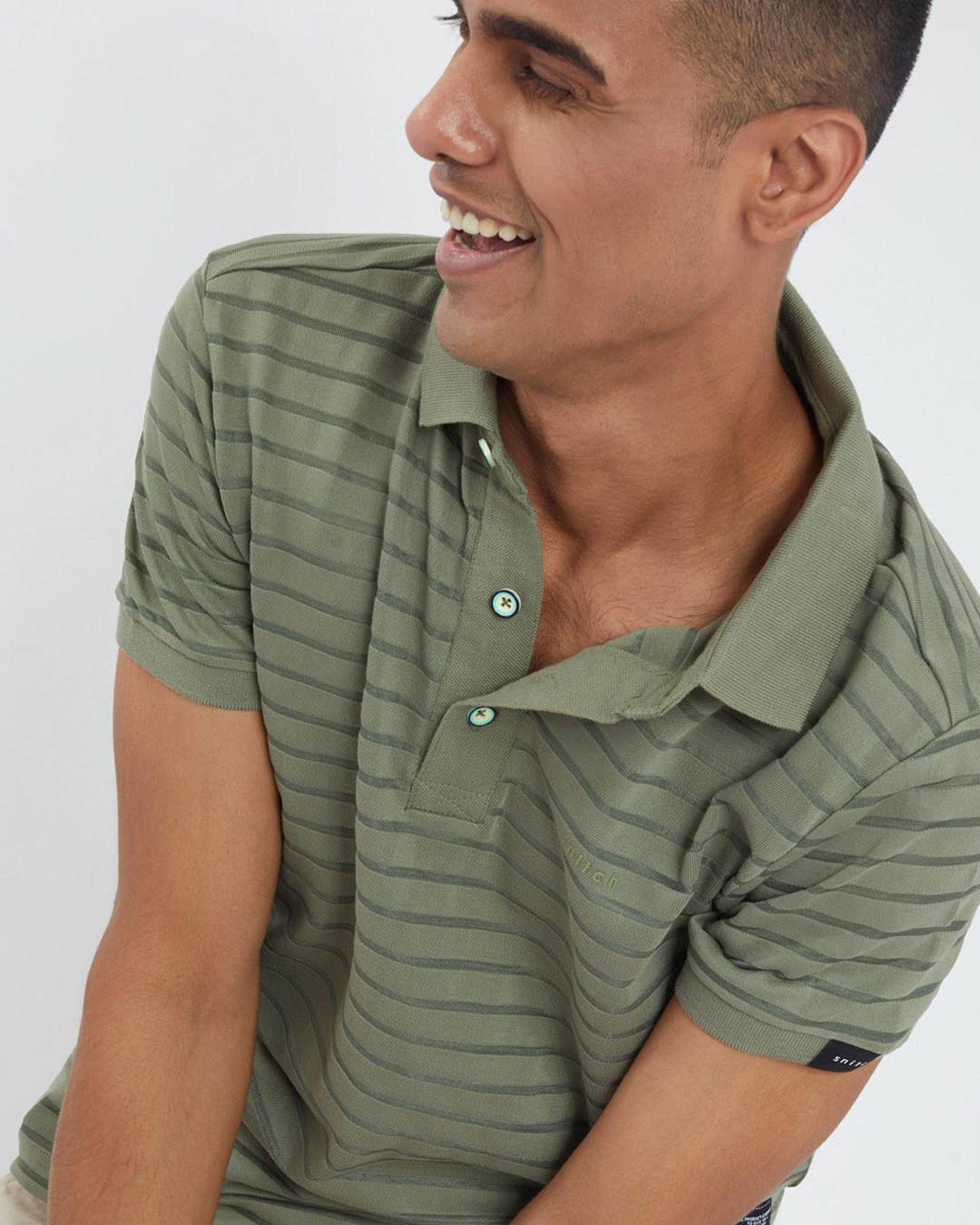 Shop Fern Green Stripe Knitted Polo T Shirt-Back
