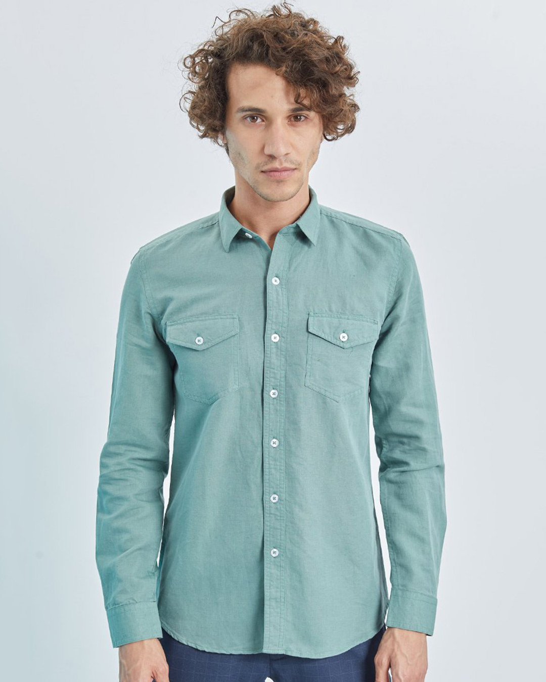 Shop Green Double Pocket Cotlin Shirt-Back