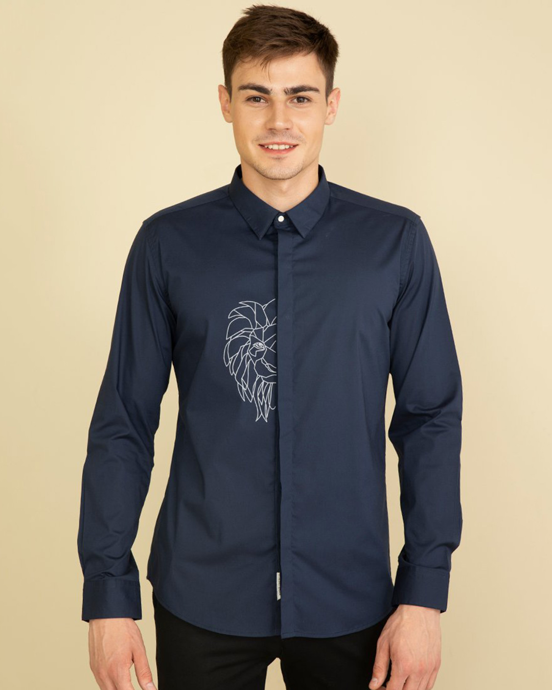 Buy Snitch Tiger Navy Satin Mandarin Collar Shirt Online at Bewakoof
