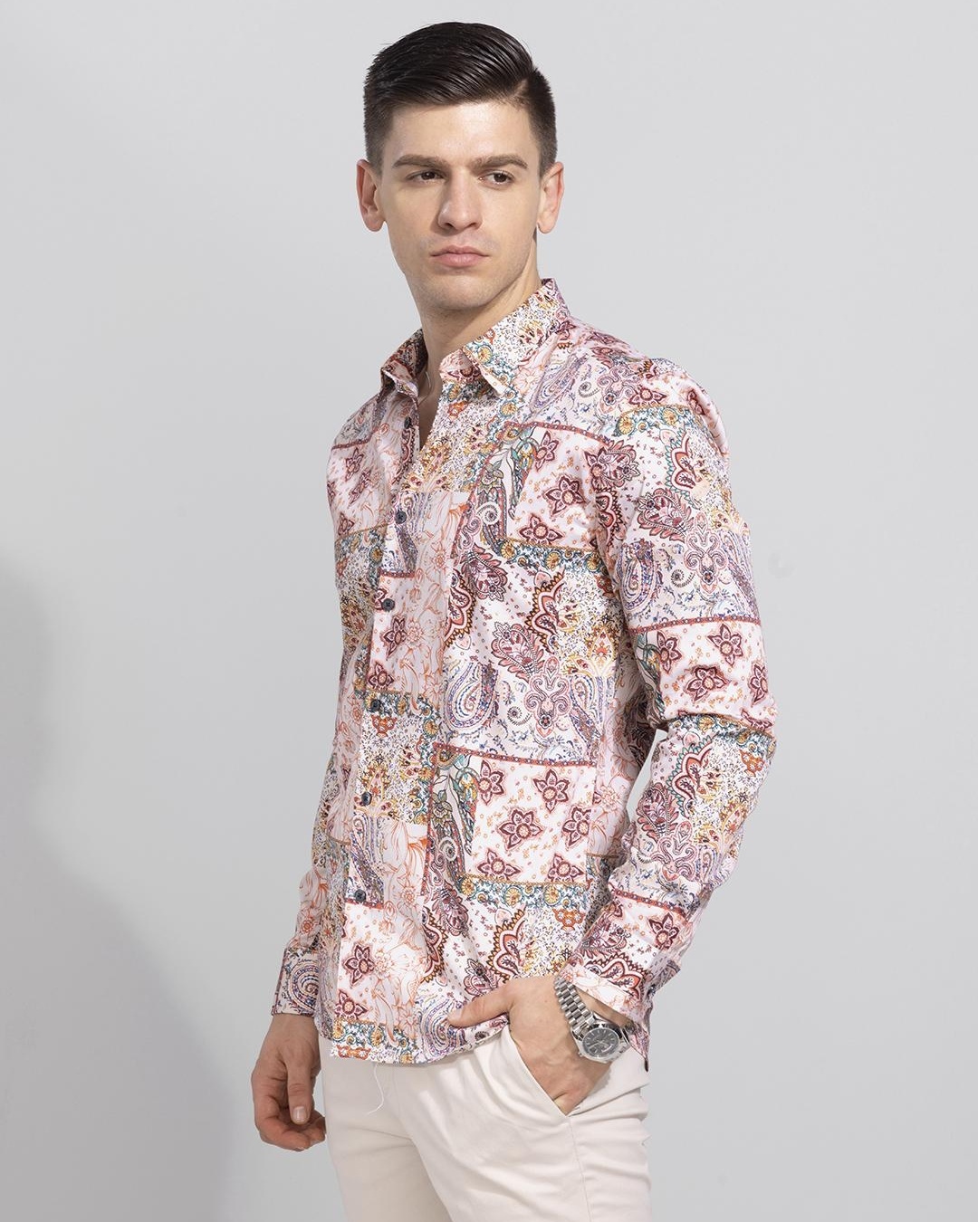 Shop Men's Beige Petal Pop Floral Printed Slim Fit Shirt-Back