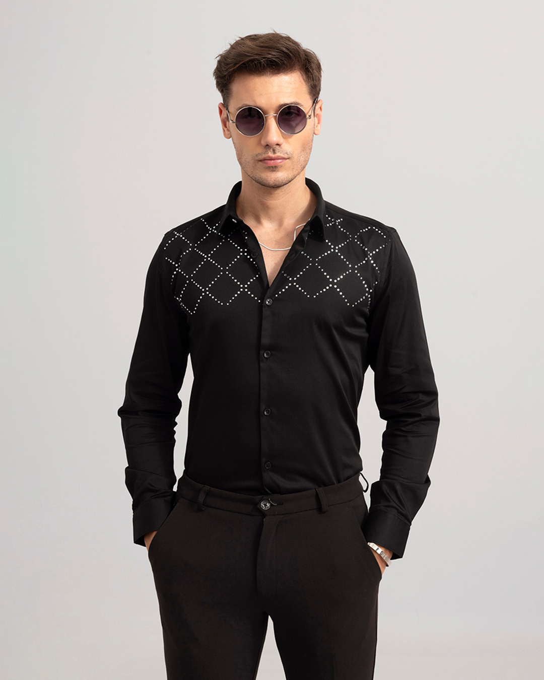 Buy Snitch Men's Black Starry Beaded Embellished Slim Fit Shirt Online ...