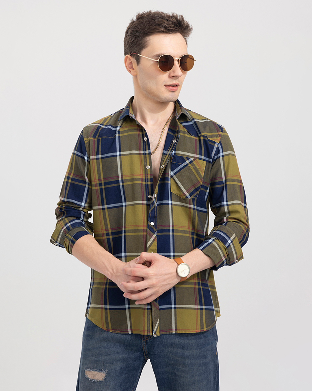 Buy Snitch Men's Blue Popper Button Checked Slim Fit Shirt Online at ...