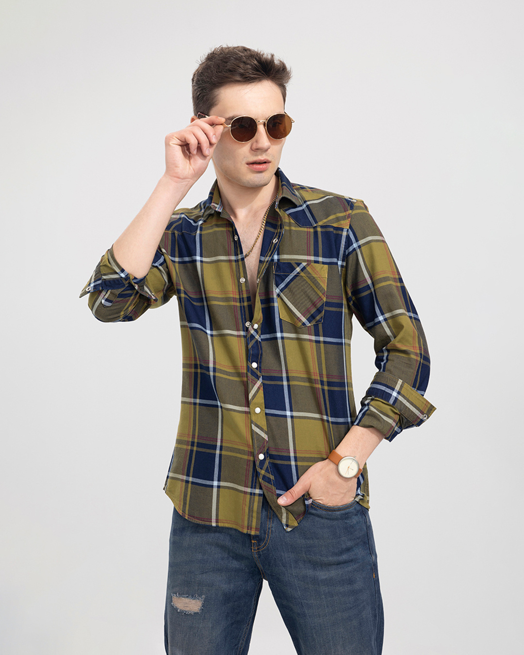 Buy Snitch Men's Blue Popper Button Checked Slim Fit Shirt Online at ...
