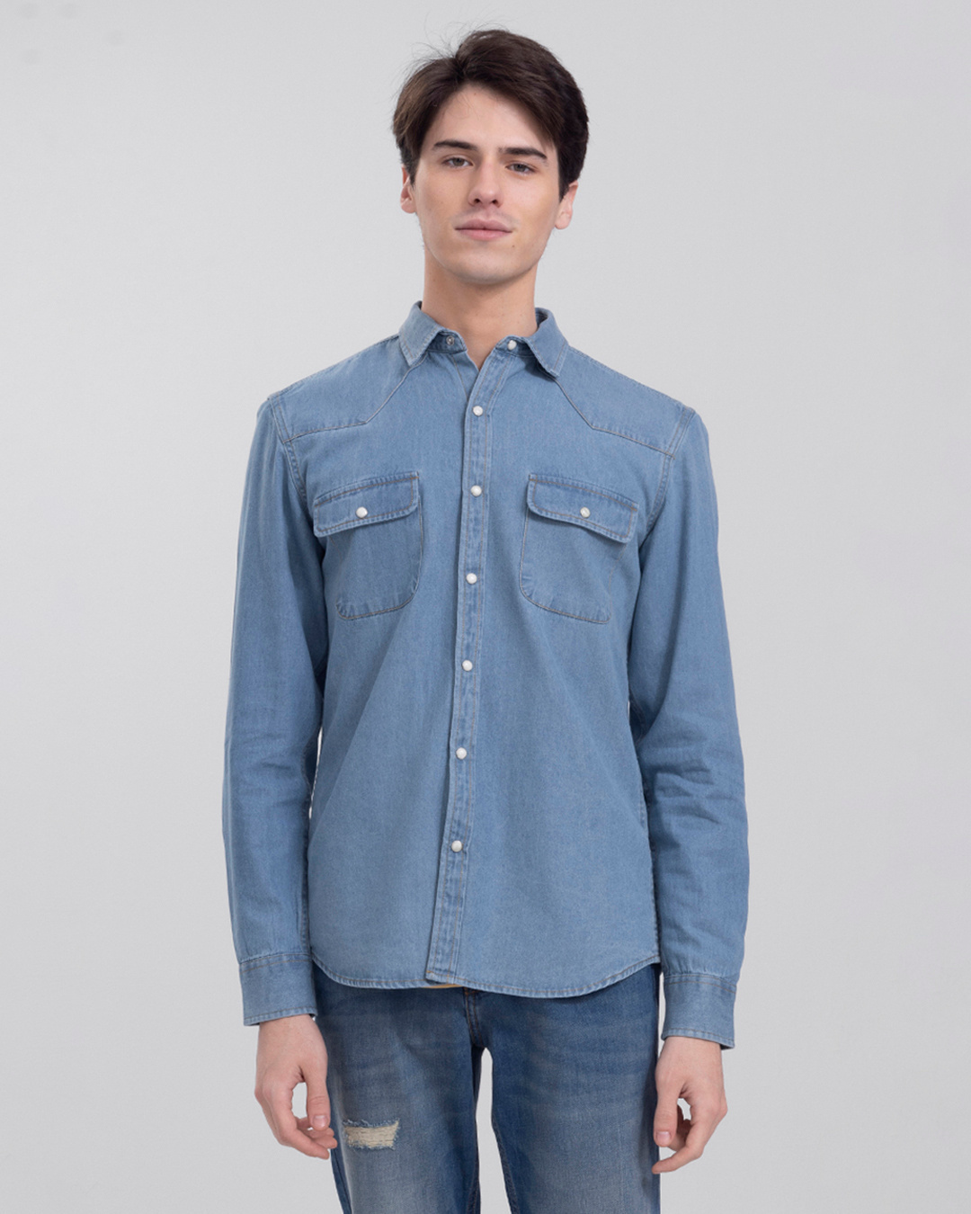 Shop Men's Blue Yoke Style Slim Fit Denim Shirt-Back