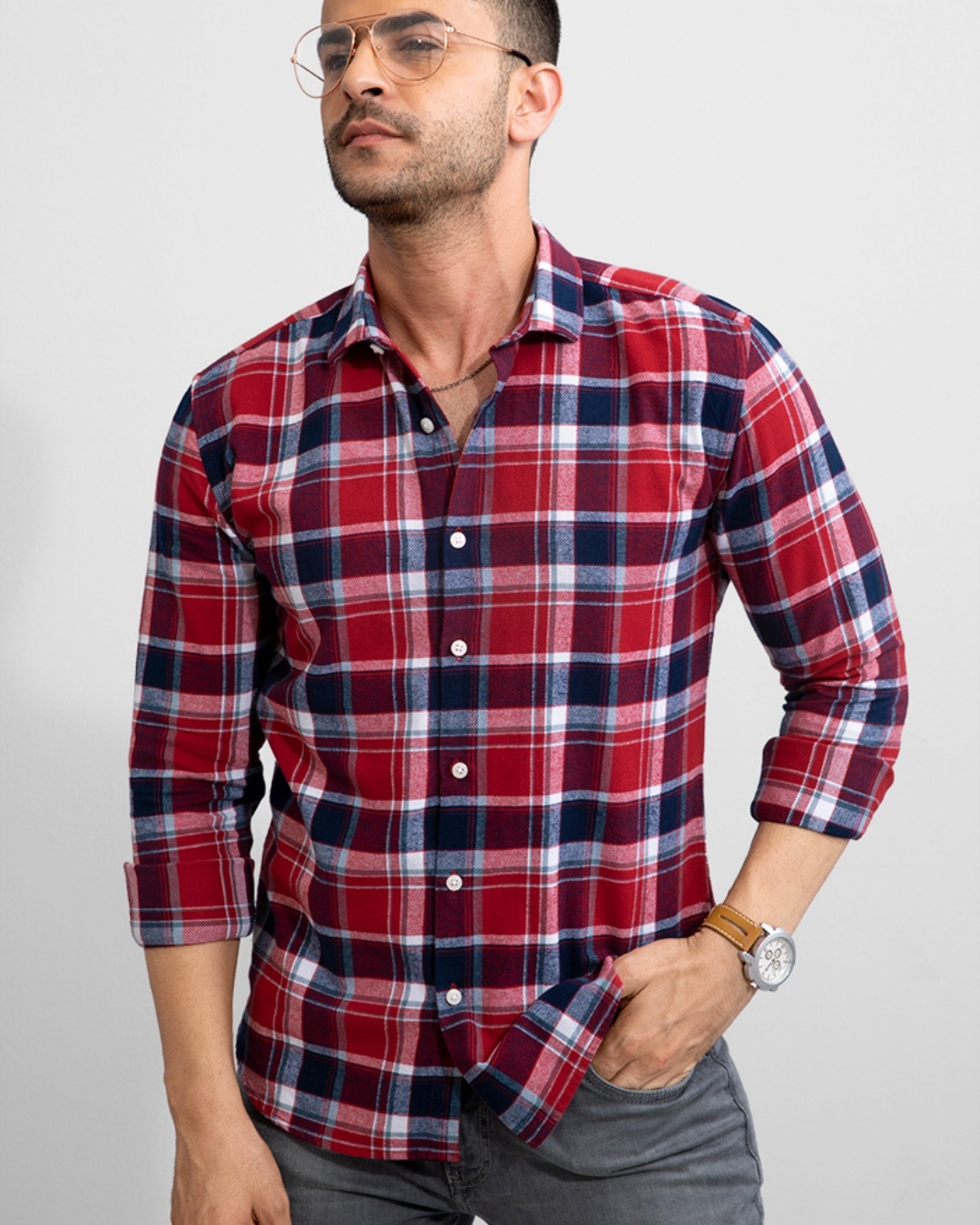 Buy Snitch Men's Imposing Red & Blue Checked Slim Fit Shirt Online at ...