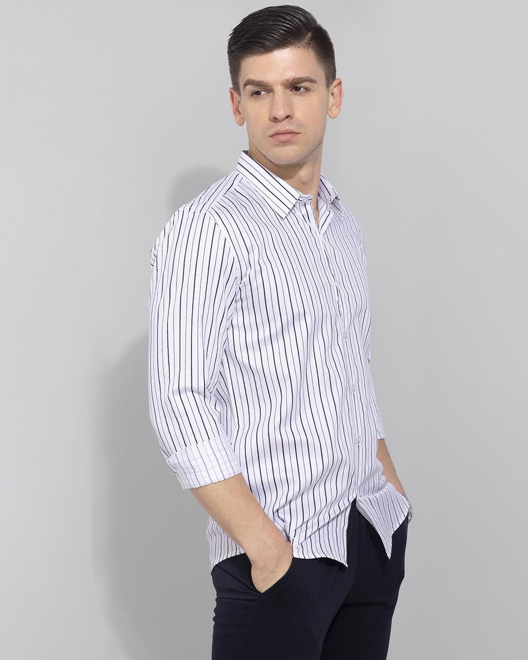 Shop Men's White Sedative Striped Slim Fit Shirt-Back