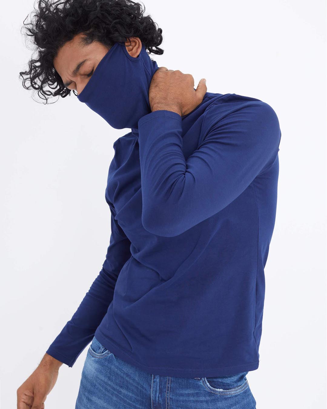 Shop Navy Full Sleeves T Shirt With Face Cover-Back