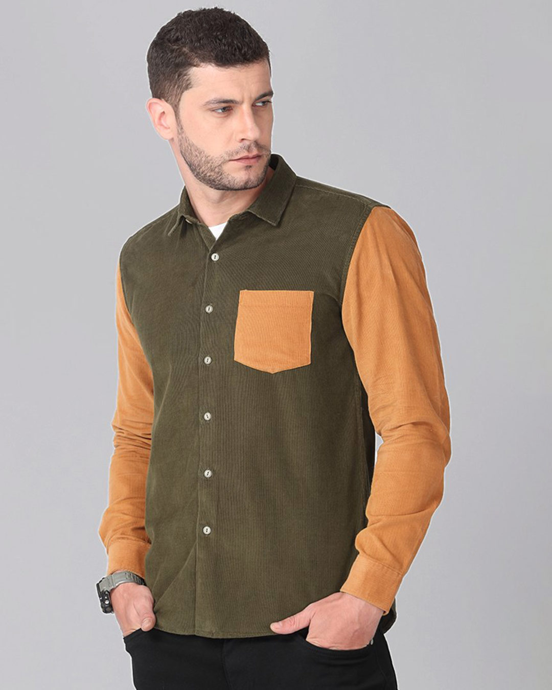 Shop Olive Green With Rustic Orange Corduroy Shirt-Back