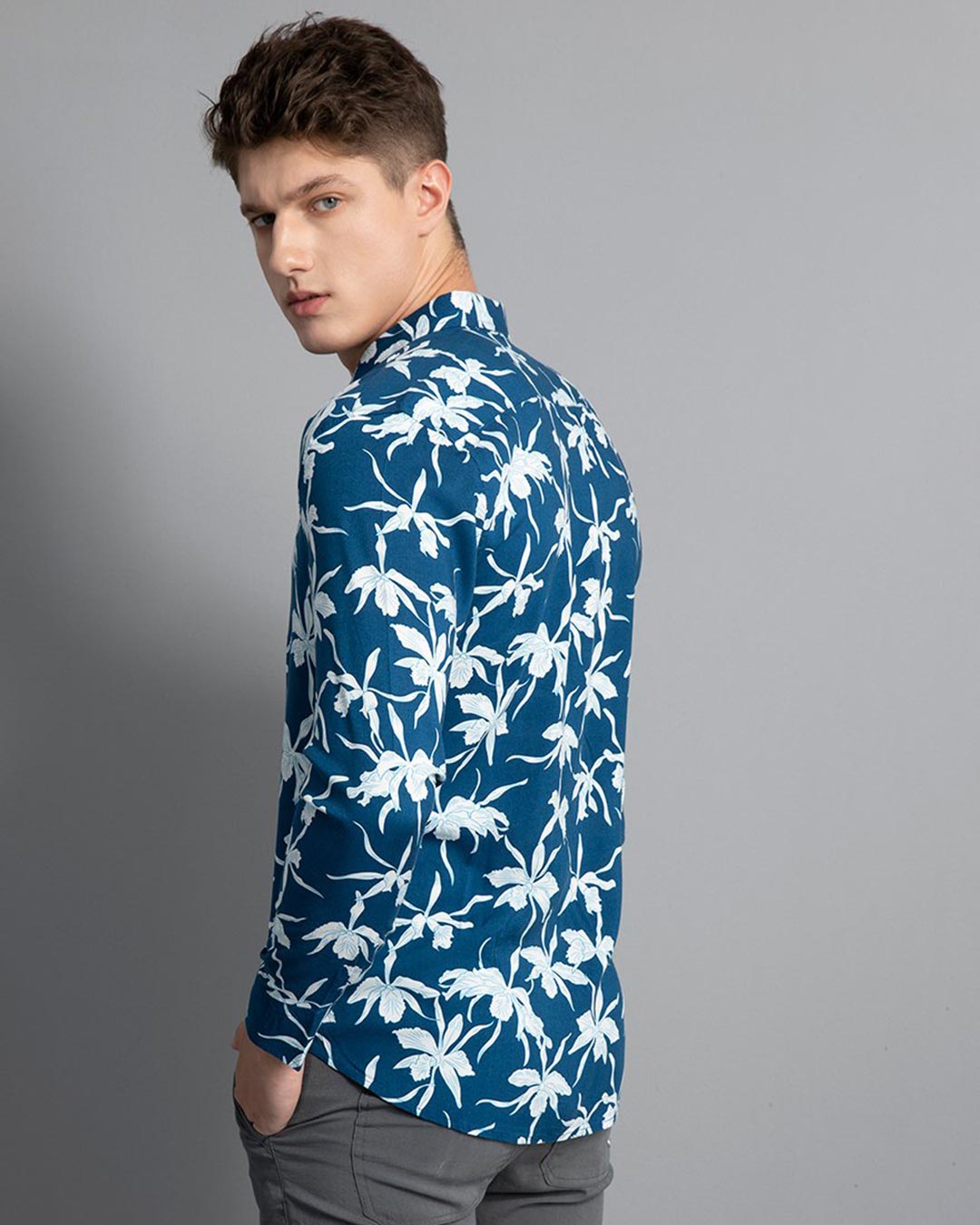 Shop Prussian Blue Viscose Floral Printed Shirt-Back