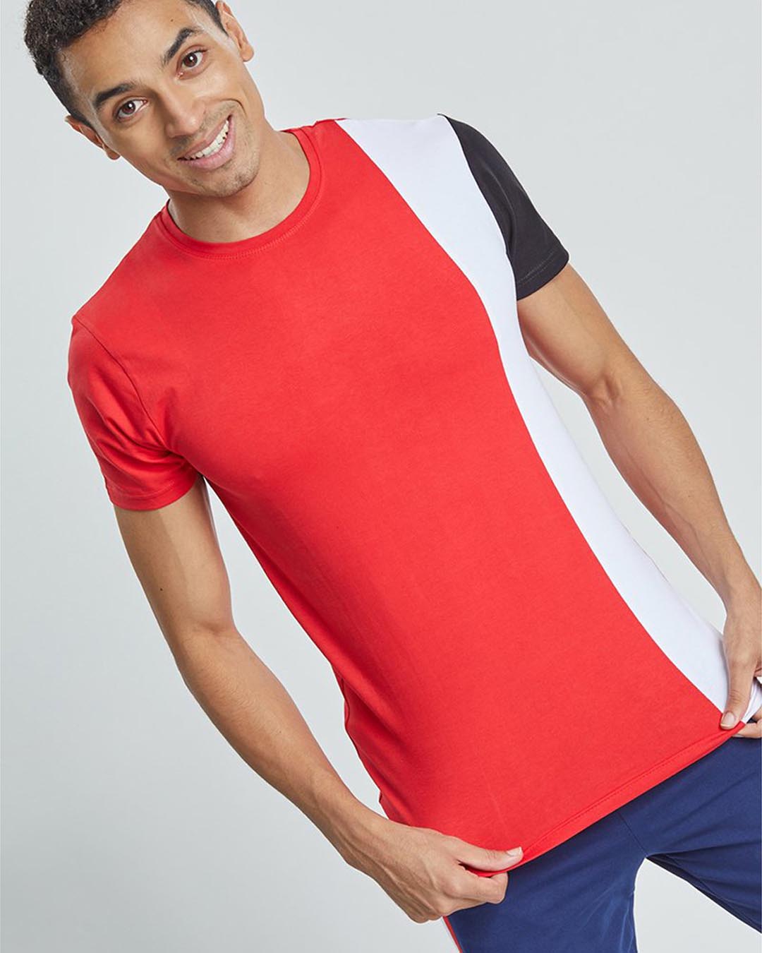Shop Red Panel Cut & Sew 4 Way Stretch T Shirt-Back