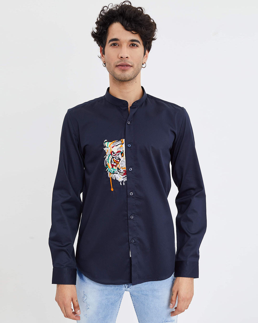 Shop Tiger Navy Satin Mandarin Collar Shirt-Back