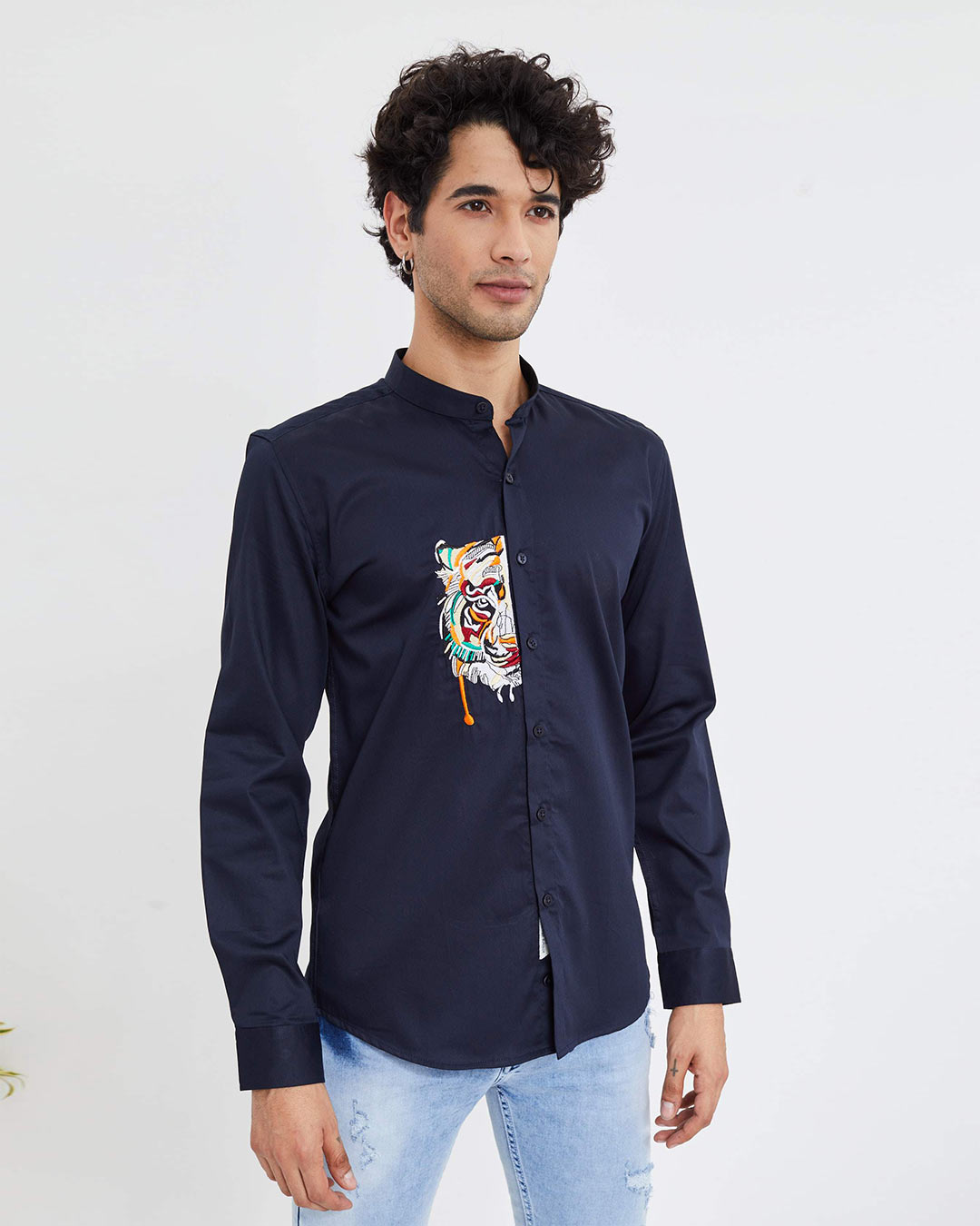 Buy Snitch Tiger Black Satin Mandarin Collar Shirt Online at Bewakoof