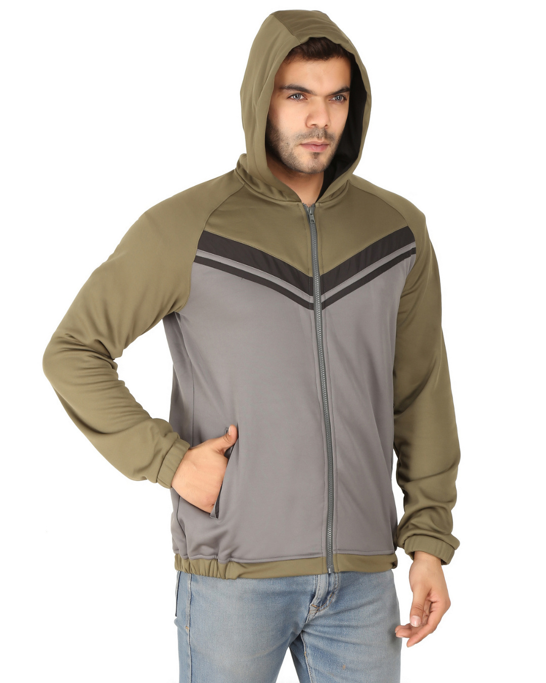 Shop Men's Italian Fleece Olive and Grey Hoodie Jacket-Back