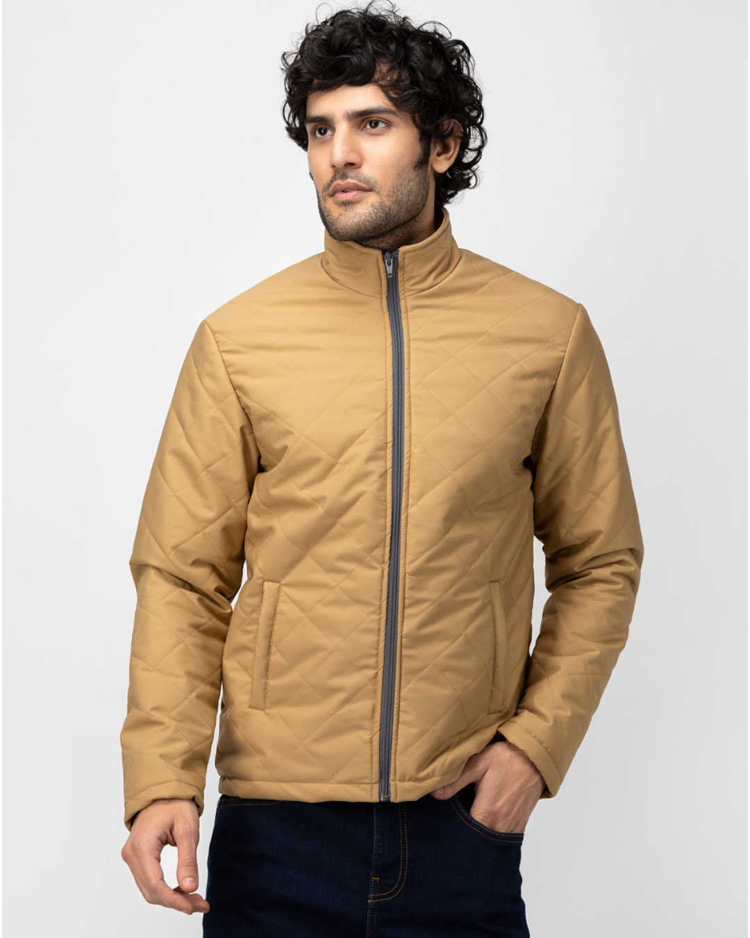Buy SOC PERFORMANCE Pale Mustard Quilted Jacket with contrast zipper ...