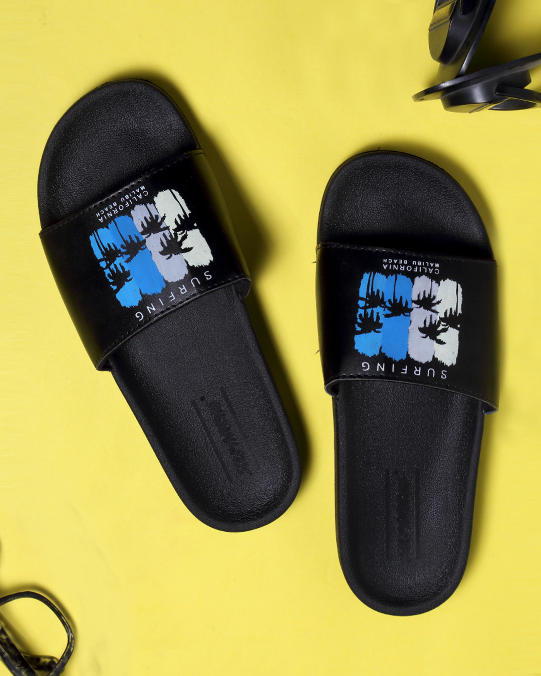 Buy Men's Surf Print Black Sliders Online in India at Bewakoof