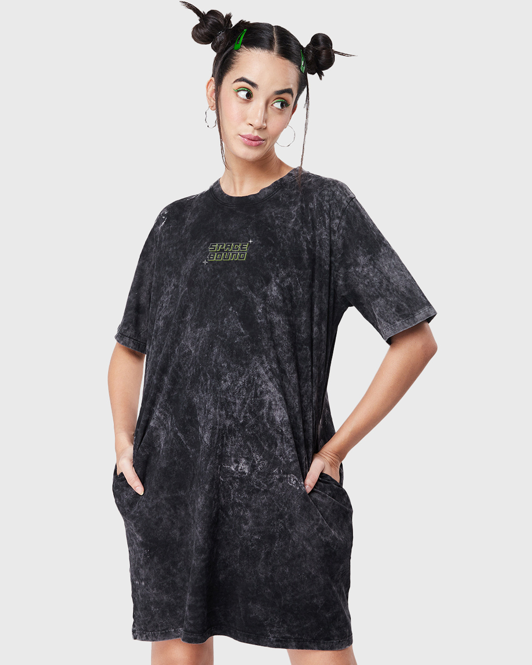 Shop Women's Black Space Bound Graphic Printed Boyfriend T-shirt Dress-Back