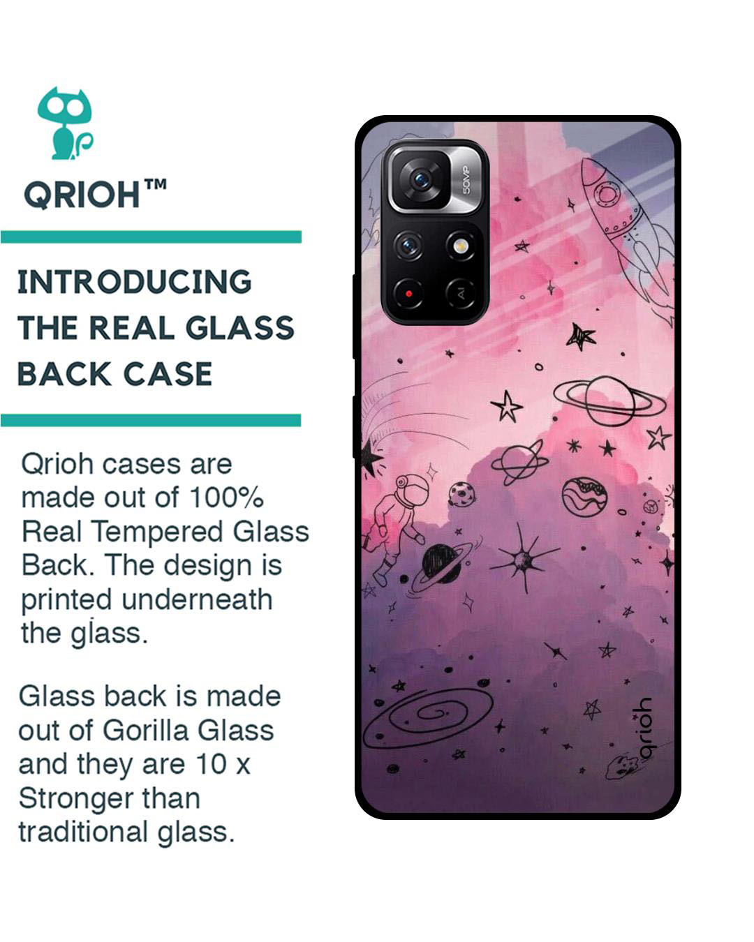 Shop Space Doodles Printed Premium Glass Cover for Redmi Note 11T 5G (Shock Proof, Lightweight)-Back
