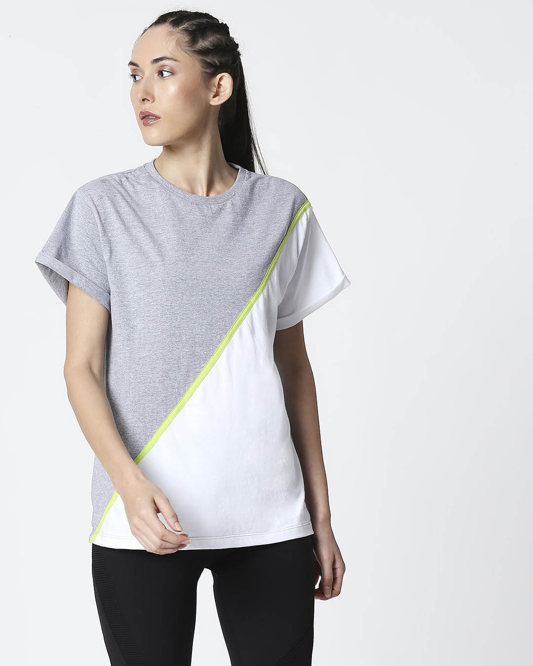 Shop Space Grey Women's Half Sleeve 90's Vibe Asymmetric Three Panel Boyfriend T-Shirt-Back