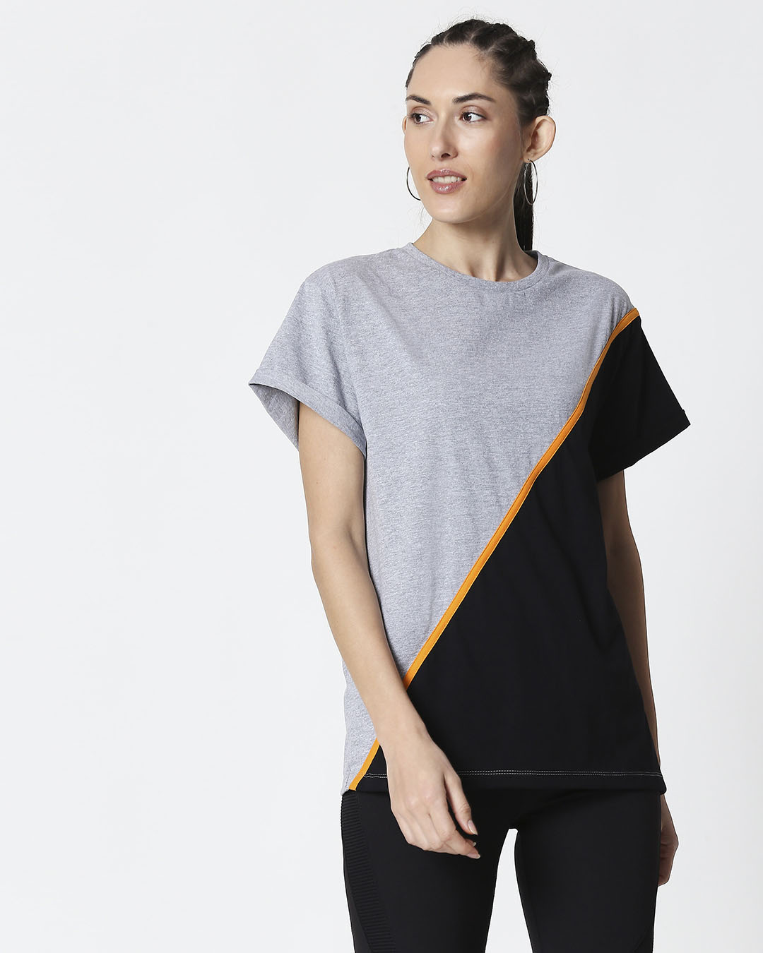 Shop Space Grey Women's Half Sleeve 90's Vibe Asymmetric Three Panel Boyfriend T-Shirt-Back