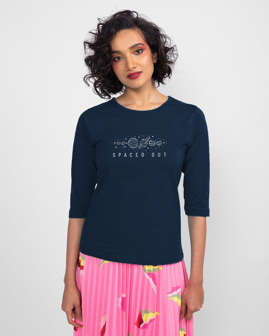 Shop Space It Out Round Neck 3/4th Sleeve T-Shirt Navy Blue-Back