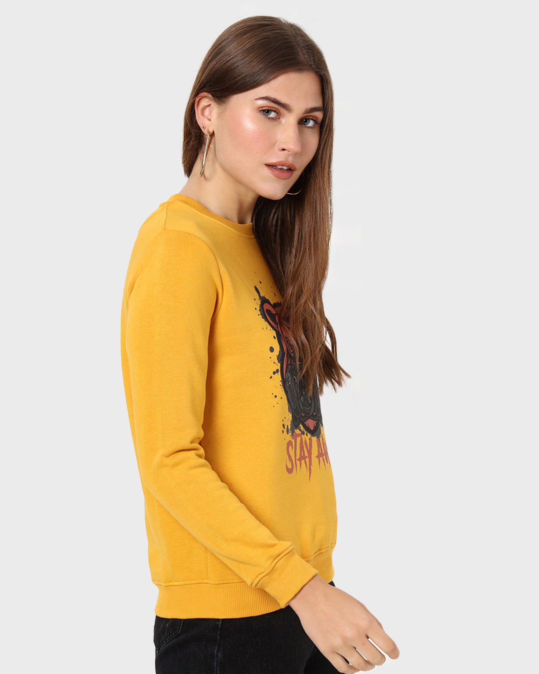 Shop Women's Yellow Stay Away Bear Graphic Printed Fleece Sweatshirt-Back