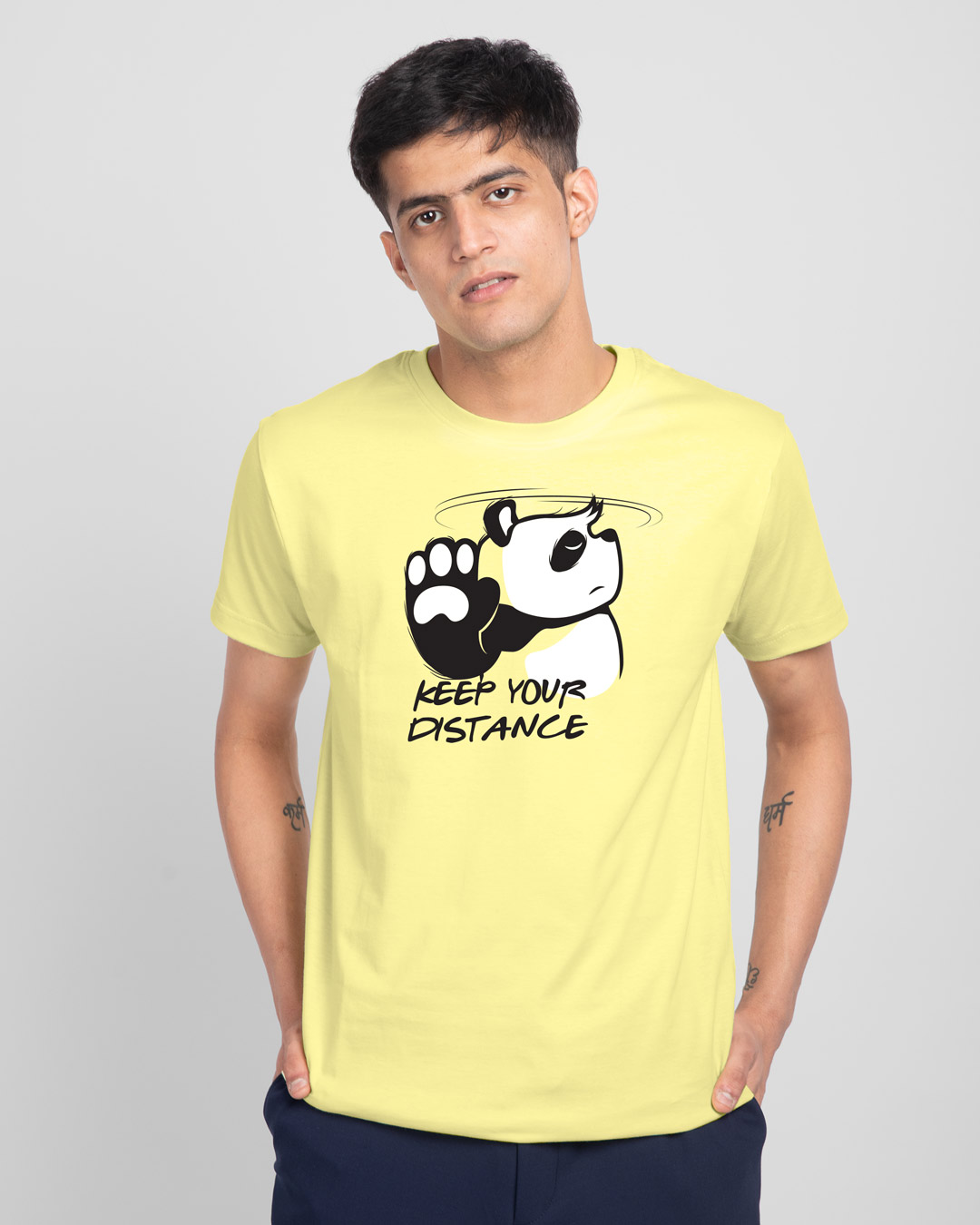 

Stay Away Panda Half Sleeve T-Shirt-Pastel Yellow Men' Printed T-Shirts Bewakoof.com