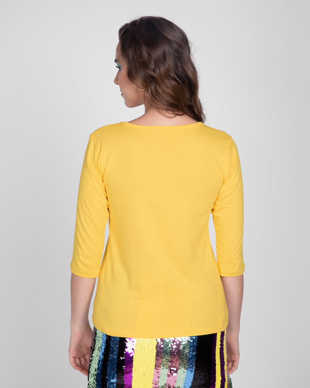 Shop Stay Home And Chill Round Neck 3/4th Sleeve T-Shirt Happy Yellow-Back