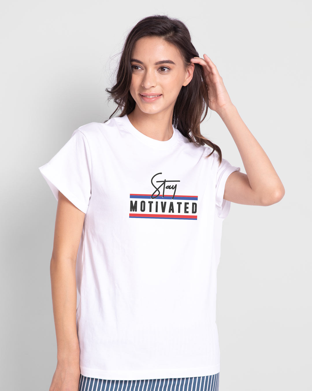 Shop Stay Motivated Stripe Boyfriend T-Shirt White-Back